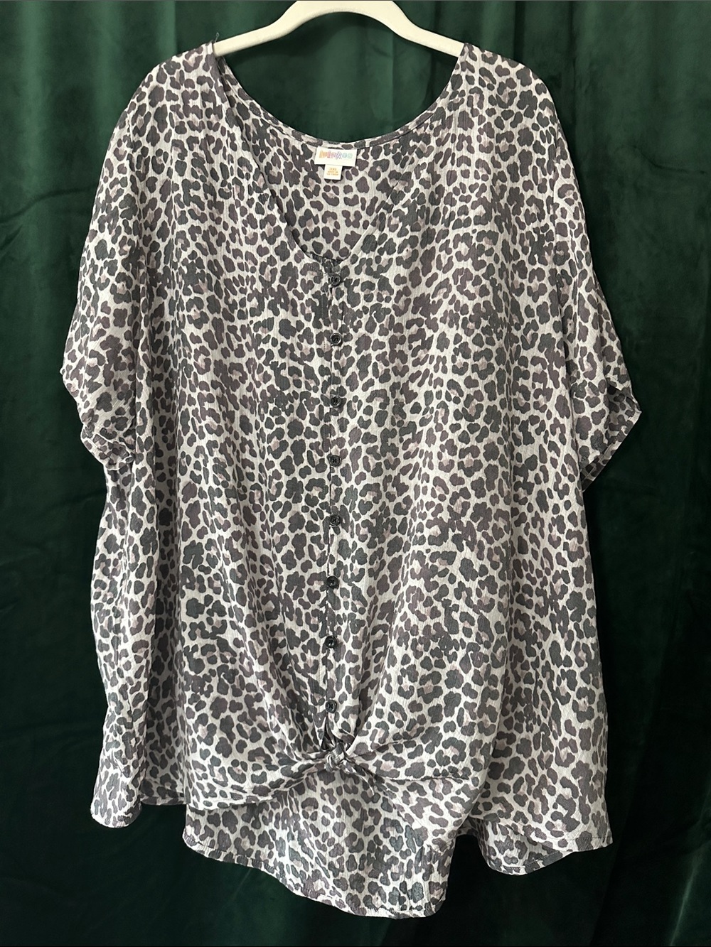 Lularoe Shannah Women's Gray Leopard Print Button-Front Top with Front Tie